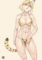Rule 34 | 1girl, abs, animal ears, animal print, arm at side, artist logo, bad id, bad pixiv id, biceps, bikini, bikini pull, black hair, blonde hair, blue eyes, breasts, cat girl, check commentary, clothes pull, collarbone, commentary request, extra ears, head tilt, highres, kemono friends, kishida shiki, lips, medium breasts, multicolored hair, muscular, muscular female, navel, parted lips, platinum blonde hair, print bikini, pulled by self, ribs, short hair, sidelocks, simple background, slit pupils, smilodon (kemono friends), solo, stomach, swimsuit, tail, veins, yellow background
