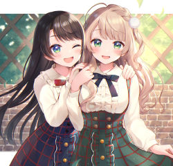 Rule 34 | 2girls, black hair, blush, braid, buttons, center frills, commentary request, cowboy shot, frills, green eyes, hair ornament, hand on own shoulder, hands on another&#039;s shoulders, hands up, high-waist skirt, highres, hololive, indie virtual youtuber, light brown hair, long hair, long sleeves, looking at viewer, momoshiki tsubaki, multiple girls, one eye closed, oozora subaru, oozora subaru (casual), open mouth, patterned clothing, pom pom (clothes), pom pom hair ornament, shigure ui (vtuber) (casual), shigure ui (vtuber), shirt, skirt, skirt hold, smile, standing, striped, virtual youtuber, white shirt