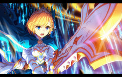 Rule 34 | absurdres, armor, arthur (monster strike), bad id, bad pixiv id, belt, blonde hair, blue eyes, blurry, breastplate, cape, diffraction spikes, earrings, excalibur (mythology), floating, floating object, floating weapon, gibagiba, glint, gloves, green cape, highres, holding, holding sword, holding weapon, huge filesize, jewelry, letterboxed, monster strike, multiple swords, open mouth, planted, planted sword, planted weapon, short hair, single earring, sunrise stance, sword, teeth, tiara, tongue, weapon, white gloves