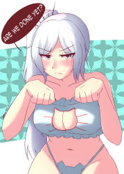 Rule 34 | 1girl, absurdres, bare shoulders, blush, bra, breasts, cat cutout, cat ear panties, cat lingerie, cleavage, cleavage cutout, clothing cutout, english text, highres, huge breasts, long hair, looking at viewer, meme attire, navel, panties, paw pose, ponytail, rwby, scar, scar across eye, scar on face, side ponytail, signature, solo, speech bubble, tiara, underwear, underwear only, upper body, weiss schnee, white hair, z666ful