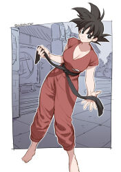 Rule 34 | 1girl, absurdres, artist name, barefoot, black eyes, black hair, commentary request, dougi, dragon ball, dragon ball (classic), fuka (kirrier), genderswap, genderswap (mtf), highres, pants, shirt, short hair, solo, son goku, spiked hair