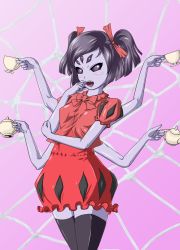 Rule 34 | 1girl, bow, colored skin, extra arms, extra eyes, fangs, highres, arthropod girl, monster girl, muffet, purple skin, ribbon, solo, spider girl, tea, undertale