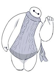 Rule 34 | arm at side, baymax, big hero 6, commentary request, full body, hand up, looking at viewer, meme attire, monochrome, no pants, ribbed sweater, simple background, sleeveless, solo, sweater, tomo (yukinko3217), virgin killer sweater, white background