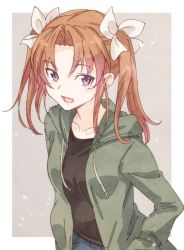 Rule 34 | 1girl, alternate costume, black shirt, brown hair, e20, green jacket, grey background, hair ribbon, hands in pockets, hood, hooded jacket, hoodie, jacket, kagerou (kancolle), kagerou kai ni (kancolle), kantai collection, looking at viewer, open mouth, outside border, ribbon, shirt, simple background, solo, twintails, upper body, white ribbon