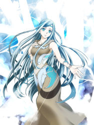 Rule 34 | 1girl, absurdly long hair, aya (pina pico), blue eyes, breasts, dress, duel monster, hand on own chest, headband, long hair, maiden with eyes of blue, silver hair, smile, solo, very long hair, yu-gi-oh!