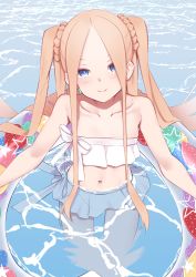 Rule 34 | 1girl, abigail williams (fate), abigail williams (swimsuit), abigail williams (swimsuit foreigner) (fate), abigail williams (swimsuit foreigner) (third ascension) (fate), bad id, bad pixiv id, bare arms, bare shoulders, bikini, bikini skirt, blonde hair, blue eyes, blush, bonnet, bow, braid, breasts, closed mouth, collarbone, commentary request, fate/grand order, fate (series), flat chest, food print, from above, highres, innertube, jilu, long hair, looking at viewer, navel, parted bangs, ribbon, skindentation, smile, solo, stomach, strawberry print, swim ring, swimsuit, twintails, wading, water, wet, wet hair, white bikini, white ribbon
