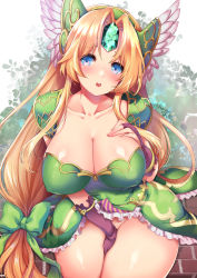 Rule 34 | 1girl, between legs, blonde hair, blue eyes, blush, breasts, bridal gauntlets, cleavage, collarbone, covered erect nipples, dress, forehead jewel, frilled dress, frills, green dress, hair ribbon, hand between legs, hand on breast, helmet, highres, large breasts, long hair, looking at viewer, low-tied long hair, open mouth, parted bangs, ribbon, riesz, seiken densetsu, seiken densetsu 3, shibi, shiny skin, signature, solo, teeth, thighs, upper teeth only, winged helmet