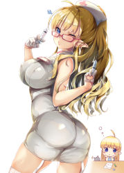 Rule 34 | 1girl, ahoge, ass, bare shoulders, blonde hair, blue eyes, blush, breasts, covered erect nipples, dreaming, elf, garter straps, glasses, hat, large breasts, long hair, looking at viewer, nurse, nurse cap, original, pointy ears, ponytail, satou (kuso-neet), shiny clothes, shiny skin, smile, solo, syringe, thighhighs
