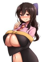 Rule 34 | 1girl, arm under breasts, arue (konosuba), black robe, blush, bow, breasts, closed mouth, clothes lift, clothing cutout, dot nose, drill hair, eyebrows, eyelashes, female focus, hair bow, hand up, heart, heart-shaped pupils, highres, huge breasts, kono subarashii sekai ni shukufuku wo!, licking lips, long hair, long sleeves, looking at viewer, mistynight, naughty face, navel, necktie, nose blush, off-shoulder robe, off shoulder, pink shirt, purple bow, red eyes, ribbon, robe, shirt, shirt lift, simple background, smile, solo, striped, striped necktie, symbol-shaped pupils, tongue, tongue out, two-tone necktie, underboob, underboob cutout, upper body, white background, wide sleeves