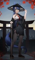 Rule 34 | 1girl, animal ears, autumn leaves, blue hair, cine (wazd0183), commentary, earrings, english commentary, full body, geta, green eyes, highres, indie virtual youtuber, jewelry, katana, mao (vtuber), original, outdoors, pantyhose, planted, planted sword, planted weapon, sheath, sheathed, solo, standing, sword, tail, torii, virtual youtuber, weapon