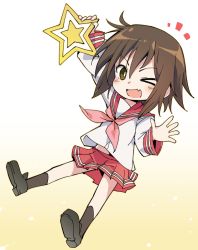 Rule 34 | 1girl, :d, ;d, black footwear, black socks, blush, bob cut, bright pupils, brown eyes, brown hair, commentary, fang, full body, gradient background, hair between eyes, ixy, kusakabe misao, loafers, long sleeves, looking at viewer, lucky star, midriff peek, neckerchief, notice lines, one eye closed, open mouth, pink neckerchief, pleated skirt, red sailor collar, red skirt, ryouou school uniform, sailor collar, school uniform, serafuku, shirt, shoes, short hair, skin fang, skirt, smile, socks, solo, star (symbol), waving, white background, white pupils, white shirt, yellow background