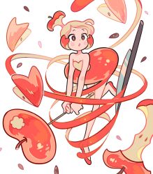 Rule 34 | 1girl, :o, abstract, absurdres, apple, apple core, apple peel, ballet, blonde hair, blush stickers, distortion, dolman (dm), dot nose, dress, facing to the side, food, fruit, full body, highres, holding, holding pole, leaning forward, leg up, original, peeling, personification, pole, raised eyebrows, red apple, red eyes, red footwear, red ribbon, ribbon, seed, slip-on shoes, tutu, two-handed