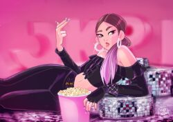Rule 34 | 1girl, animification, artist name, black pants, blackpink, brown hair, commentary, crop top, earrings, english commentary, fingerless gloves, food, glint, gloves, highres, hoop earrings, jennie (blackpink), jewelry, k-pop, lying, makeup, mascara, miadresden, multicolored hair, pants, ponytail, popcorn, purple hair, purple nails, real life, single fingerless glove, solo, two-tone hair