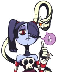 Rule 34 | 1girl, alex ahad (style), bare shoulders, blue hair, blue skin, colored skin, detached collar, detached sleeves, hair over one eye, leviathan (skullgirls), long hair, one eye closed, parody, red eyes, side ponytail, sketch, skull, skullgirls, solo, squigly (skullgirls), stitched mouth, stitches, striped, striped sleeves, style parody, thumbs up, transparent background, unfinished, wink, zombie, zone (artist)