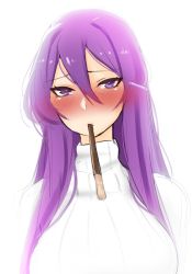 Rule 34 | 1girl, blush, breasts, commentary, doki doki literature club, food, foreshortening, hair between eyes, hair ornament, hairclip, heart, heart-shaped pupils, highres, large breasts, long hair, looking at viewer, mouth hold, nose blush, otxoa60, pocky, purple eyes, purple hair, ribbed sweater, simple background, solo, sweater, symbol-shaped pupils, white background, white sweater, yuri (doki doki literature club)