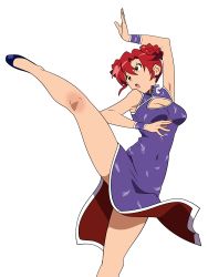 Rule 34 | 00s, 1girl, :o, absurdres, breasts, china dress, chinese clothes, cleavage, cleavage cutout, clothing cutout, dress, fighting stance, flexible, highres, large breasts, leg lift, pieces of sweet stars, red hair, solo, tengen toppa gurren lagann, transparent background, vector trace, wristband, yellow eyes, yoko littner