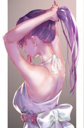 Rule 34 | 1girl, arms up, backless dress, backless outfit, breasts, closed eyes, closed mouth, dress, fate/stay night, fate (series), from behind, halter dress, halterneck, highres, holding, holding own hair, large breasts, long hair, matou sakura, mouth hold, nape, ponytail, purple hair, rolua, solo, tying hair, upper body, white dress