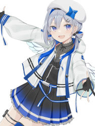 Rule 34 | 1girl, :d, amane kanata, amane kanata (work), beret, black dress, black gloves, black shirt, blue hair, blue thighhighs, blush, commentary request, dress, gloves, grey hair, hair between eyes, hair ornament, hairclip, hat, highres, hololive, hood, hood down, hooded jacket, jacket, long hair, long sleeves, looking at viewer, multicolored hair, open clothes, open jacket, open mouth, partially fingerless gloves, pleated dress, purple eyes, shirt, simple background, single thighhigh, smile, solo, swon (joy200892), teeth, thighhighs, two-tone hair, upper teeth only, virtual youtuber, white background, white hair, white hat