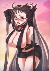 Rule 34 | 1girl, absurdres, armpits, bare shoulders, black one-piece swimsuit, blush, breasts, brown hair, choker, cleavage, collarbone, earrings, fate/grand order, fate (series), halterneck, heroic spirit festival outfit, highres, huge breasts, huge filesize, jewelry, long hair, looking at viewer, multiple earrings, one-piece swimsuit, open mouth, orange sky, palm tree, pink sky, shibao aoyama, skindentation, sky, swimsuit, thighs, tree, very long hair, yu mei-ren (fate), yu mei-ren (festival outfit) (fate)