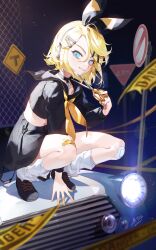 Rule 34 | 1girl, absurdres, baekryang, baggy socks, bandaid, bandaid on knee, bandaid on leg, black shirt, blonde hair, blue eyes, bow, car, caution tape, choker, commentary, crop top, hair bow, hair ornament, hairclip, headlight, headphones, highres, holding, holding scissors, kagamine rin, light particles, looking at viewer, midriff, motor vehicle, navel, neckerchief, no entry sign, o-ring, o-ring choker, rettou joutou (vocaloid), road sign, sailor collar, school uniform, scissors, shirt, short hair, sign, skirt, smile, solo, squatting, vocaloid
