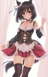 Rule 34 | 1girl, animal ears, black corset, black hair, black sleeves, black thighhighs, blue eyes, blush, breasts, cleavage cutout, clothing cutout, collar, commentary request, corset, curtains, eishin flash (umamusume), feet out of frame, frills, highres, horse ears, horse girl, horse tail, looking at viewer, medium breasts, medium hair, minato ojitan, red collar, shirt, smile, solo, tail, thighhighs, umamusume, white background, white shirt