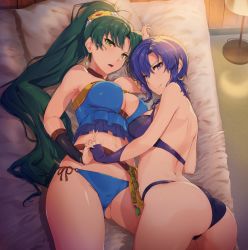 Rule 34 | 2girls, ass, bed, breasts, cleavage, fire emblem, gluteal fold, green eyes, green hair, highres, holding hands, long hair, looking at viewer, lying, lyn (fire emblem), lyn (summer) (fire emblem), medium breasts, multiple girls, nintendo, ponytail, purple eyes, purple hair, sajittari, short hair, swimsuit, ursula (fire emblem), ursula (summer) (fire emblem)