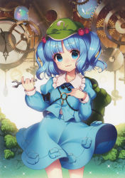 Rule 34 | 1girl, :3, absurdres, backpack, bag, blouse, blue eyes, blue hair, blue shirt, blunt bangs, blush, clothes lift, collared shirt, cowboy shot, green hat, hair bobbles, hair ornament, hat, highres, huge filesize, kawashiro nitori, key, layered clothes, long sleeves, looking at viewer, masaru.jp, matching hair/eyes, parted bangs, pocket, scan, shirt, skirt, skirt set, smile, solo, sparkle, sparks, string, touhou, twintails, two side up, vest, white shirt, wrench