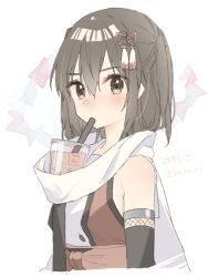 Rule 34 | 1girl, bare shoulders, blush, breasts, brown eyes, bubble tea, bubble tea challenge, character name, cup, detached sleeves, disposable cup, drinking, drinking straw, hair between eyes, hair ornament, kantai collection, koruri, looking at viewer, medium breasts, scarf, sendai (kancolle), sendai kai ni (kancolle), solo, tassel, two side up, upper body, white background, white scarf