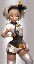 Rule 34 | 1girl, bea (pokemon), black bodysuit, black hairband, bodysuit, bodysuit under clothes, closed mouth, collared shirt, commentary, creatures (company), dark-skinned female, dark skin, dynamax band, eyelashes, game freak, gloves, grey background, grey hair, gym leader, hair between eyes, hairband, hand on own thigh, highres, knee pads, looking down, nintendo, pokemon, pokemon swsh, print shirt, print shorts, ruo candyyyy, shirt, short hair, short sleeves, shorts, single glove, solo, tied shirt, wristband