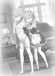 Rule 34 | 10s, 2girls, adjusting another&#039;s clothes, apron, bra, breasts, cleavage, contrapposto, detached sleeves, dressing, dutch angle, female focus, full body, garter belt, garter straps, greyscale, hair ornament, hair over one eye, hairband, hand to own mouth, indoors, lolita hairband, maid, maid apron, mary janes, monochrome, multiple girls, navel, no headwear, no shoes, official art, ootsuka shin&#039;ichirou, panties, puffy detached sleeves, puffy sleeves, ram (re:zero), re:zero kara hajimeru isekai seikatsu, rem (re:zero), shoes, short hair, siblings, sisters, small breasts, standing, thighhighs, tiptoes, twins, underwear, underwear only, waist apron, x hair ornament, yawning
