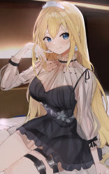 Rule 34 | 1girl, bed sheet, black dress, blonde hair, blue eyes, breasts, cleavage, dress, earrings, hand up, highres, hololive, hololive english, jewelry, long hair, looking at viewer, medium breasts, mole, mole on breast, official alternate costume, parted lips, pineapple (pine), see-through, sitting, solo, spaghetti strap, thigh strap, tiara, very long hair, virtual youtuber, watson amelia, watson amelia (party dress)