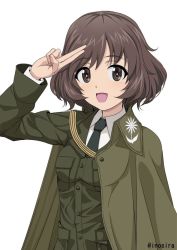 Rule 34 | 10s, 1girl, :d, akiyama yukari, alternate costume, black necktie, bonple military uniform, brown eyes, brown hair, brown jacket, capelet, check commentary, commentary request, dress shirt, fourragere, girls und panzer, girls und panzer ribbon no musha, inoshira, jacket, long sleeves, looking at viewer, messy hair, military, military uniform, necktie, open mouth, salute, shirt, short hair, simple background, smile, solo, standing, twitter username, two-finger salute, uniform, upper body, white background, white shirt, wing collar
