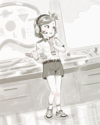 1girl belt blush breast_pocket cloud headset holding holding_tablet_pc idfer looking_to_the_side monochrome necktie open_mouth pocket ponytail shirt shoes short_hair short_sleeves shorts side_ponytail sky sky_(super_wings) smile sneakers socks standing super_wings tablet_pc teeth window wing_hair_ornament