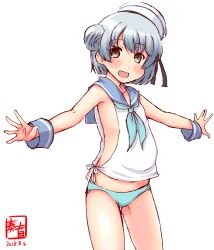 Rule 34 | 1girl, adapted costume, aqua neckerchief, artist logo, bikini, bikini bottom only, black ribbon, blue bikini, blue hair, blue sailor collar, brown eyes, commentary request, dated, dixie cup hat, double bun, hair bun, hat, hat ribbon, highres, kanon (kurogane knights), kantai collection, looking at viewer, military hat, neckerchief, open mouth, outstretched arms, ribbon, sailor collar, sailor shirt, samuel b. roberts (kancolle), shirt, short hair, simple background, smile, solo, standing, swimsuit, white background, white hat, wrist cuffs