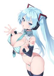 1girl aqua_necktie ass between_breasts bikini black_sleeves black_thighhighs blue_eyes blue_hair borrowed_design breasts cowboy_shot detached_sleeves hair_between_eyes hair_ornament hatsune_miku headphones headset highres kam-ja large_breasts light_blush long_hair looking_at_viewer meme_attire micro_bikini microphone miku_collar_bikini necktie necktie_between_breasts number_tattoo open_mouth shiny_skin shoulder_tattoo simple_background solo standing string_bikini striped_bikini striped_clothes swimsuit tattoo teeth thighhighs tie_clip twintails untied_bikini untied_bikini_top upper_teeth_only very_long_hair vocaloid white_background