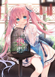 Rule 34 | 1girl, :d, birdcage, blue dress, blue eyes, bun cover, cage, double bun, dress, flower, frilled dress, frills, hair between eyes, hair bun, interlocked fingers, long hair, long sleeves, open mouth, original, own hands together, pink flower, pink hair, puffy long sleeves, puffy sleeves, see-through, see-through sleeves, sleeves past wrists, smile, solo, suimya, twintails, very long hair, virtual youtuber, water