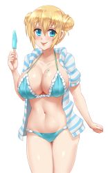 Rule 34 | 1girl, :p, bikini, bikini under clothes, blend s, blouse, blue bikini, blue eyes, breasts, cleavage, collarbone, cowboy shot, double bun, food, hair between eyes, hair bun, halterneck, hinata kaho, holding, holding food, large breasts, navel, open clothes, open shirt, popsicle, shiny skin, shirt, short hair, simple background, smile, solo, standing, stomach, striped clothes, striped shirt, swimsuit, tareme, thighs, tongue, tongue out, twrlare, white background