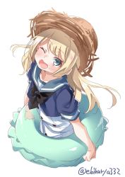 Rule 34 | 1girl, blonde hair, blue eyes, blue sailor collar, dress, ebifurya, hat, highres, innertube, jervis (kancolle), kantai collection, long hair, looking at viewer, one-hour drawing challenge, one eye closed, open mouth, sailor collar, sailor dress, short sleeves, smile, solo, straw hat, swim ring, twitter username, white dress