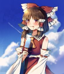 Rule 34 | 1girl, :p, ascot, bare shoulders, blue sky, blush, bow, brown hair, cloud, cloudy sky, cowboy shot, day, detached sleeves, food, hair bow, hair tubes, hakurei reimu, long sleeves, looking at viewer, nontraditional miko, popsicle, red bow, red eyes, red skirt, red vest, ribbon-trimmed sleeves, ribbon trim, sidelocks, skirt, skirt set, sky, solo, tongue, tongue out, touhou, touya (konpekitou), vest, wide sleeves