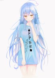Rule 34 | 1girl, absurdres, ahoge, alternate costume, bad id, bad twitter id, blouse, blue hair, blue shirt, blush, breasts, collarbone, commentary request, eugle na, hair between eyes, half updo, highres, hololive, long hair, looking at viewer, pointy ears, shirt, simple background, solo, t-shirt, twitter username, virtual youtuber, white background, yellow eyes, yukihana lamy