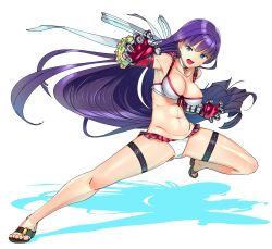 Rule 34 | 1girl, abs, absurdres, bad id, bad pixiv id, bare shoulders, bikini, blue eyes, blunt bangs, breasts, choker, cleavage, collarbone, cross, elbow gloves, fate/grand order, fate (series), fighting stance, gauntlets, gloves, hair ribbon, highres, large breasts, latin cross, legs, long hair, looking at viewer, martha (fate), martha (swimsuit ruler) (fate), martha (swimsuit ruler) (third ascension) (fate), navel, open mouth, purple hair, red gloves, ribbon, sandals, shadow, shinomu (cinomoon), simple background, solo, swimsuit, thigh strap, thighs, toned, very long hair, white background, white bikini, white ribbon