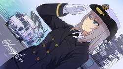 Rule 34 | 1girl, aircraft, black necktie, blue eyes, dated, dutch angle, from side, girls und panzer, gloves, helicopter, highres, itsumi erika, japan maritime self-defense force, japan self-defense force, medium hair, military, military uniform, necktie, salute, sh-60 seahawk, shinmai (kyata), silver hair, smile, solo, twitter username, uniform, white gloves