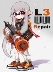 Rule 34 | 1girl, :o, bad id, bad twitter id, barcode, black coat, black ribbon, black shorts, blunt bangs, blush, coat, collared shirt, commentary, cross-laced footwear, dolphin shorts, earrings, english text, full body, grey hair, hair ornament, holding, holding weapon, hood, hooded coat, inkling, inkling girl, inkling player character, jewelry, l-3 nozzlenose (splatoon), light blush, light particles, long hair, long sleeves, maco spl, neck ribbon, nintendo, orange footwear, parted lips, pointy ears, red eyes, ribbon, shadow, shirt, shoes, short shorts, shorts, sneakers, socks, solo, sparkle, splatoon (series), splatoon 2, stud earrings, tentacle hair, very long hair, weapon, white socks, x hair ornament