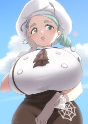Rule 34 | 1girl, absurdres, aqua eyes, aqua hair, ascot, beret, breasts, brown skirt, chef, creatures (company), from below, game freak, gloves, gym leader, hand on own cheek, hand on own face, hat, heart, highres, huge breasts, ikutomipizza, katy (pokemon), mole, mole on cheek, mole under eye, nintendo, pokemon, pokemon sv, skirt, twitter username