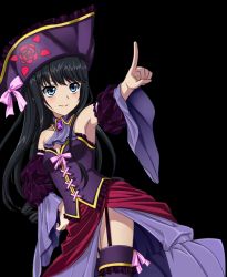 Rule 34 | 10s, 1girl, black hair, blue eyes, breasts, choker, detached sleeves, dutch angle, garter straps, hand on own hip, hat, index finger raised, long hair, minamiya natsuki, outstretched arm, pink ribbon, purple hat, purple thighhighs, ribbon, small breasts, smile, solo, standing, strike the blood, thighhighs, transparent background