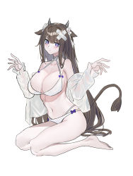 Rule 34 | 1girl, animal ears, azur lane, bare shoulders, barefoot, bikini, black hair, breasts, choker, cleavage, closed mouth, collarbone, cow ears, cow girl, cow horns, cow tail, criss-cross halter, echj, full body, halterneck, hands up, highres, horns, jacket, kashino (azur lane), kashino (hot springs relaxation) (azur lane), large breasts, long hair, long sleeves, looking at viewer, multi-strapped bikini bottom, navel, off shoulder, open clothes, open jacket, purple eyes, simple background, sitting, solo, stomach, string bikini, swimsuit, tail, thighs, very long hair, white background, white bikini, white choker, white jacket
