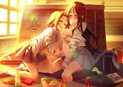 Rule 34 | 2girls, :d, akiyama mio, artist name, bento, black hair, black socks, blush, bottle, breasts, brown hair, can, cherry in the sun, coca-cola, commentary, drink can, english commentary, food, grabbing, grabbing another&#039;s breast, hairband, indoors, k-on!, kneeling, long hair, multiple girls, nipples, one eye closed, open mouth, pocky, purple eyes, short hair, sitting, smile, socks, soda can, sunlight, tainaka ritsu, teeth, thighs, upper teeth only, wariza, water bottle, white socks, window, yuri