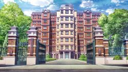 Rule 34 | blue sky, brick, building, cloud, cloudy sky, day, fence, film grain, game cg, gate, hedge, iron fence, izumi tsubasu, no humans, non-web source, official art, outdoors, re:stage!, scenery, school, sky, tree