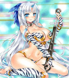 Rule 34 | 1girl, animal print, at classics, blue eyes, breasts, fang, horns, large breasts, long hair, marker (medium), navel, original, pointy ears, silver hair, single horn, smile, solo, tiger print, traditional media, very long hair