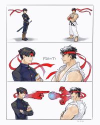 Rule 34 | 2boys, 3koma, ace attorney, armband, artist name, bare shoulders, belt, black belt, black eyes, black hair, black jacket, black pants, border, brown footwear, buttons, capcom, clenched teeth, closed mouth, comic, company connection, crossed arms, crossover, dated, dougi, english text, eye contact, fighting, fingerless gloves, forked eyebrows, from side, full body, gameplay mechanics, gloves, godzillapigeon1, hadouken, half-closed eyes, headband, highres, jacket, karate gi, kazuma asogi, large pectorals, long sleeves, looking at another, male focus, martial arts belt, matching hair/eyes, multiple boys, multiple views, muscular, muscular male, open mouth, pants, pectorals, red gloves, red headband, ryu (street fighter), school uniform, shirt, shoes, short hair, signature, simple background, sleeveless, sleeveless shirt, standing, street fighter, teeth, the great ace attorney, the great ace attorney: adventures, thick eyebrows, torn clothes, torn pants, torn shirt, v-shaped eyebrows, white background, white border, white pants, white shirt
